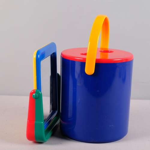 199 - A post-modern Memphis style ice bucket and dressing table mirror, in multi-coloured plastic, no make... 