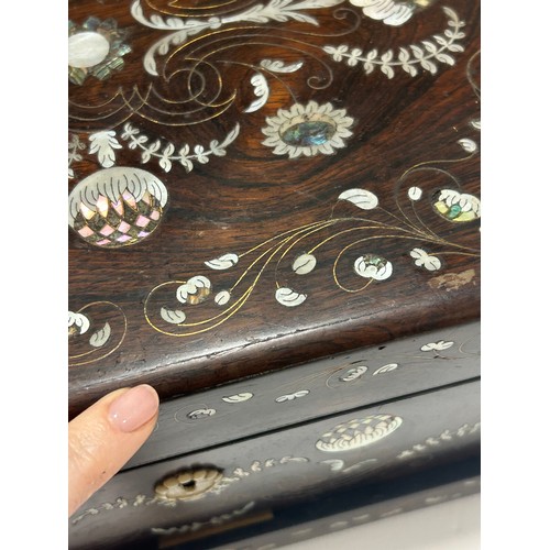 273 - A 19th century rosewood toilet/sewing box, with inlaid brass mother-of-pearl and amboyna marquetry d... 