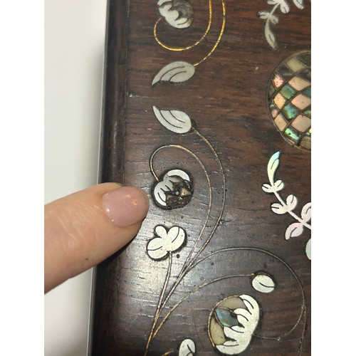 273 - A 19th century rosewood toilet/sewing box, with inlaid brass mother-of-pearl and amboyna marquetry d... 