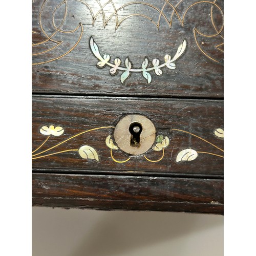 273 - A 19th century rosewood toilet/sewing box, with inlaid brass mother-of-pearl and amboyna marquetry d... 