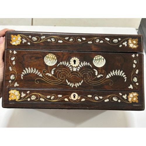 273 - A 19th century rosewood toilet/sewing box, with inlaid brass mother-of-pearl and amboyna marquetry d... 
