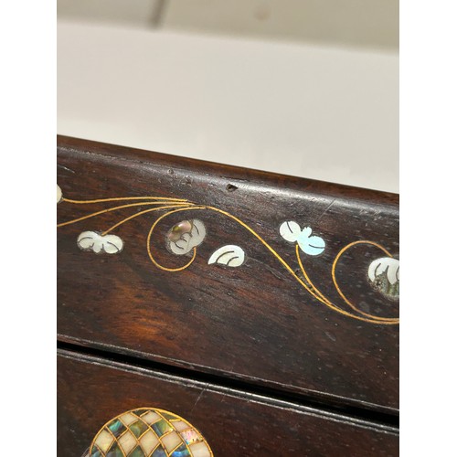 273 - A 19th century rosewood toilet/sewing box, with inlaid brass mother-of-pearl and amboyna marquetry d... 