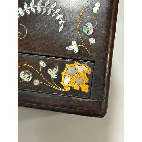 273 - A 19th century rosewood toilet/sewing box, with inlaid brass mother-of-pearl and amboyna marquetry d... 