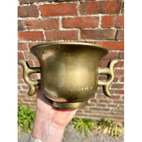 295 - A Chinese bronze 2-handled incense bowl, cast seal mark under base, rim diameter 15.5cm