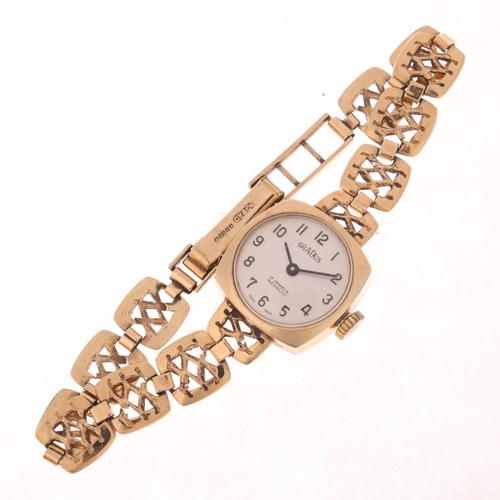 1043 - GRADUS - a lady's Vintage 9ct gold mechanical bracelet watch, circa 1970s, silvered dial with black ... 