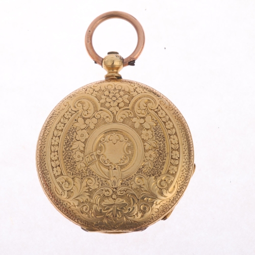 1049 - An Antique 18ct gold open-face key-wind fob watch, gilt floral engraved dial with black Roman numera... 
