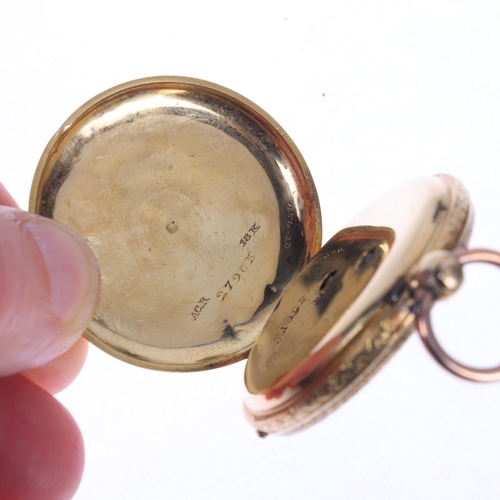 1049 - An Antique 18ct gold open-face key-wind fob watch, gilt floral engraved dial with black Roman numera... 