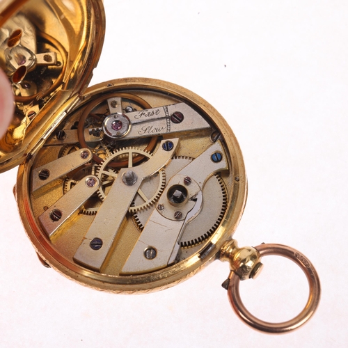 1049 - An Antique 18ct gold open-face key-wind fob watch, gilt floral engraved dial with black Roman numera... 
