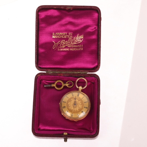 1049 - An Antique 18ct gold open-face key-wind fob watch, gilt floral engraved dial with black Roman numera... 