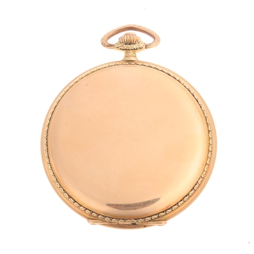 1028 - An Art Deco 14ct gold full hunter slimline keyless pocket watch, engine turned champagne dial with g... 