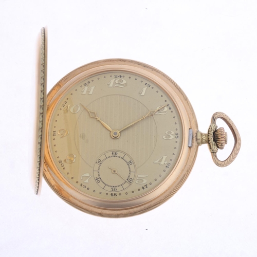 1028 - An Art Deco 14ct gold full hunter slimline keyless pocket watch, engine turned champagne dial with g... 