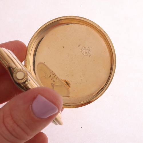 1028 - An Art Deco 14ct gold full hunter slimline keyless pocket watch, engine turned champagne dial with g... 