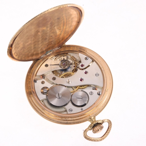 1028 - An Art Deco 14ct gold full hunter slimline keyless pocket watch, engine turned champagne dial with g... 