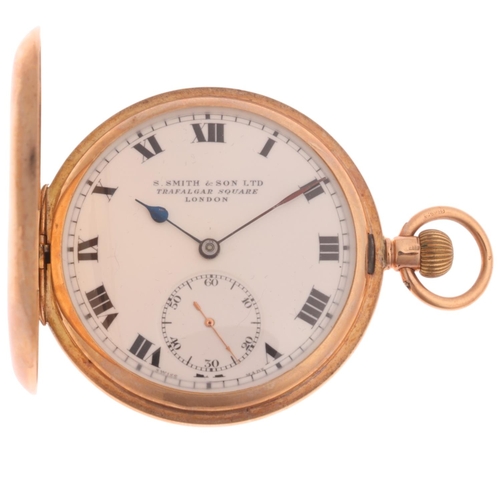 1030 - An early 20th century 9ct rose gold full hunter slimline keyless pocket watch, retailed by S Smith &... 