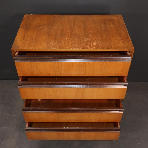 2042 - A Vintage Chest of four drawers by Meredew, with teak veneer panels and turned legs. W77cm, H95cm, D... 