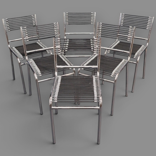 2053 - A set of 6 Rene Herbst Sandows No.212 Bauhaus design chairs, the chromed steel structure with bungee... 