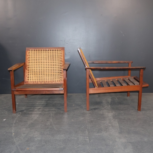 2021 - A Pair of Brazilian Rosewood custom made Lounge chairs with mesh webbing and cane threaded backrests... 