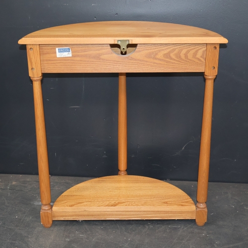 2035 - A contemporary Ercol demi-lune two tier console table in solid ash and light finish. W66cm, H71cm, D... 