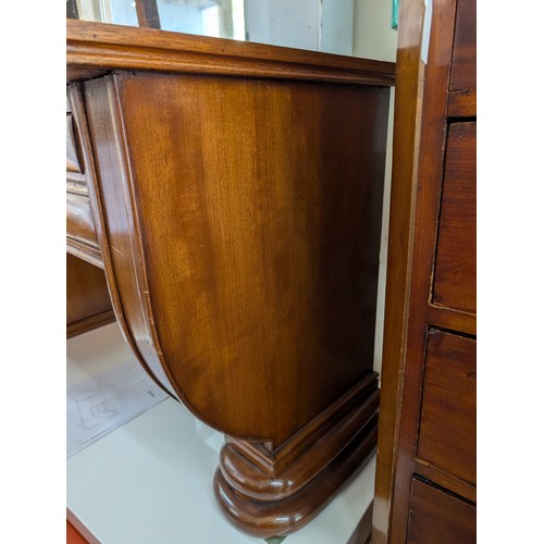 2010 - An American mid-century Art Deco desk with unusual curved pedestal end and foot. W110.5cm, H63cm, D4... 