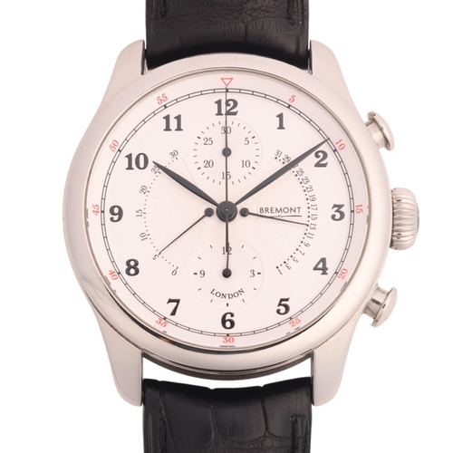 BREMONT - a stainless steel Limited Edition 'Victory' automatic chronograph wristwatch, circa 2012, silvered dial with black Arabic numerals, retrograde seconds and retrograde date, 30-minute and 12-hour chronograph dials, treated steel leaf hands with sweep centre chronograph seconds hand, hand etched sapphire crystal exhibition caseback inlaid with original oak from HMS Victory, and hand crafted stainless steel and copper rotor, with original hand engraved copper PVD treated inner barrel (material from HMS Victory), 39 jewel movement with calibre BE-83AR, 46-hour power reserve, limited edition no. 56/250, case width 43mm, working order, boxed with papers