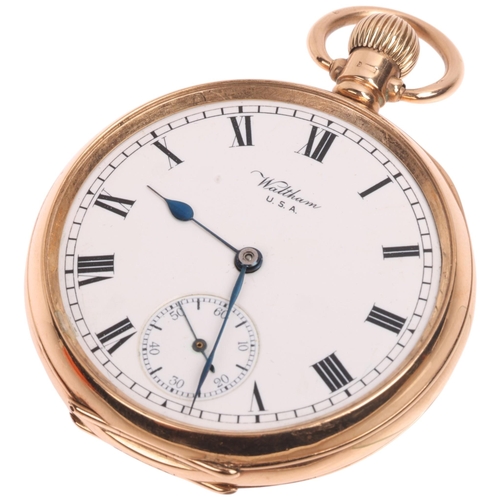1024 - WALTHAM - a 9ct rose gold open-face keyless pocket watch, white enamel dial with black Roman numeral... 