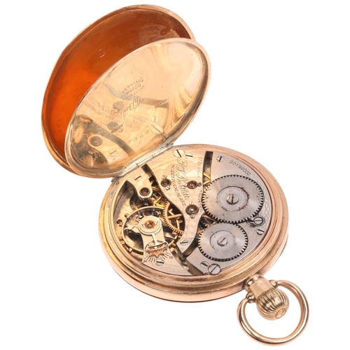 1024 - WALTHAM - a 9ct rose gold open-face keyless pocket watch, white enamel dial with black Roman numeral... 