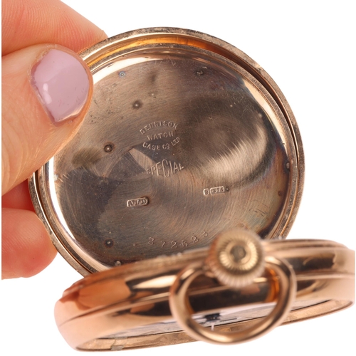 1024 - WALTHAM - a 9ct rose gold open-face keyless pocket watch, white enamel dial with black Roman numeral... 