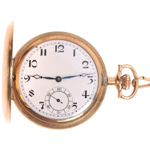 1030 - An Art Deco gold plated full hunter keyless pocket watch, circa 1930s, white enamel dial with black ... 