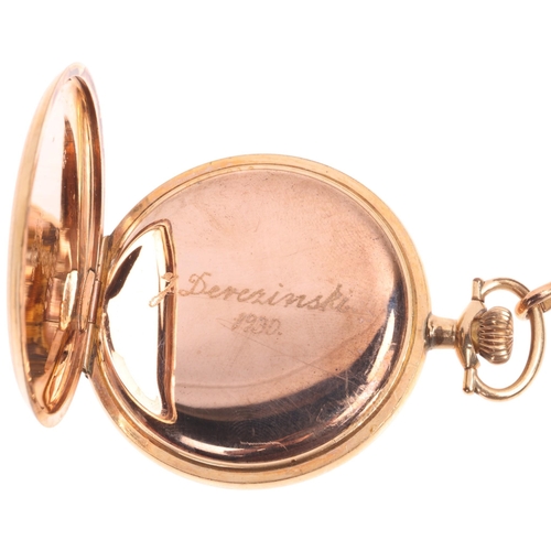 1030 - An Art Deco gold plated full hunter keyless pocket watch, circa 1930s, white enamel dial with black ... 