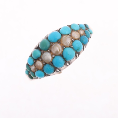 1102 - An Antique Victorian gold turquoise and pearl poison ring, circa 1880, the bombe cluster cut-down co... 