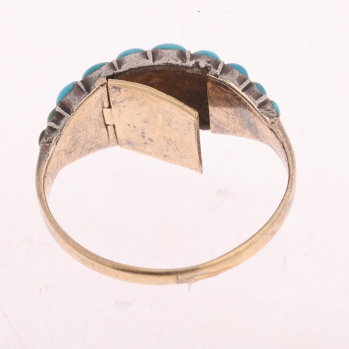 1102 - An Antique Victorian gold turquoise and pearl poison ring, circa 1880, the bombe cluster cut-down co... 