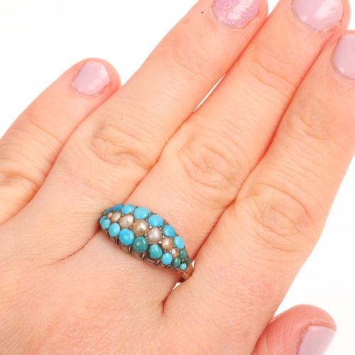 1102 - An Antique Victorian gold turquoise and pearl poison ring, circa 1880, the bombe cluster cut-down co... 