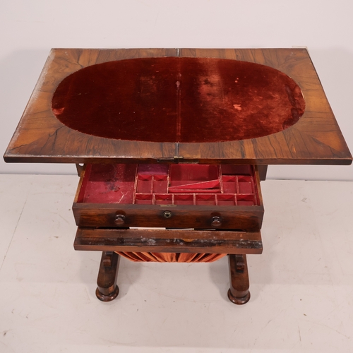 A Regency rosewood sewing table, with fold-over top, single drawer and ...