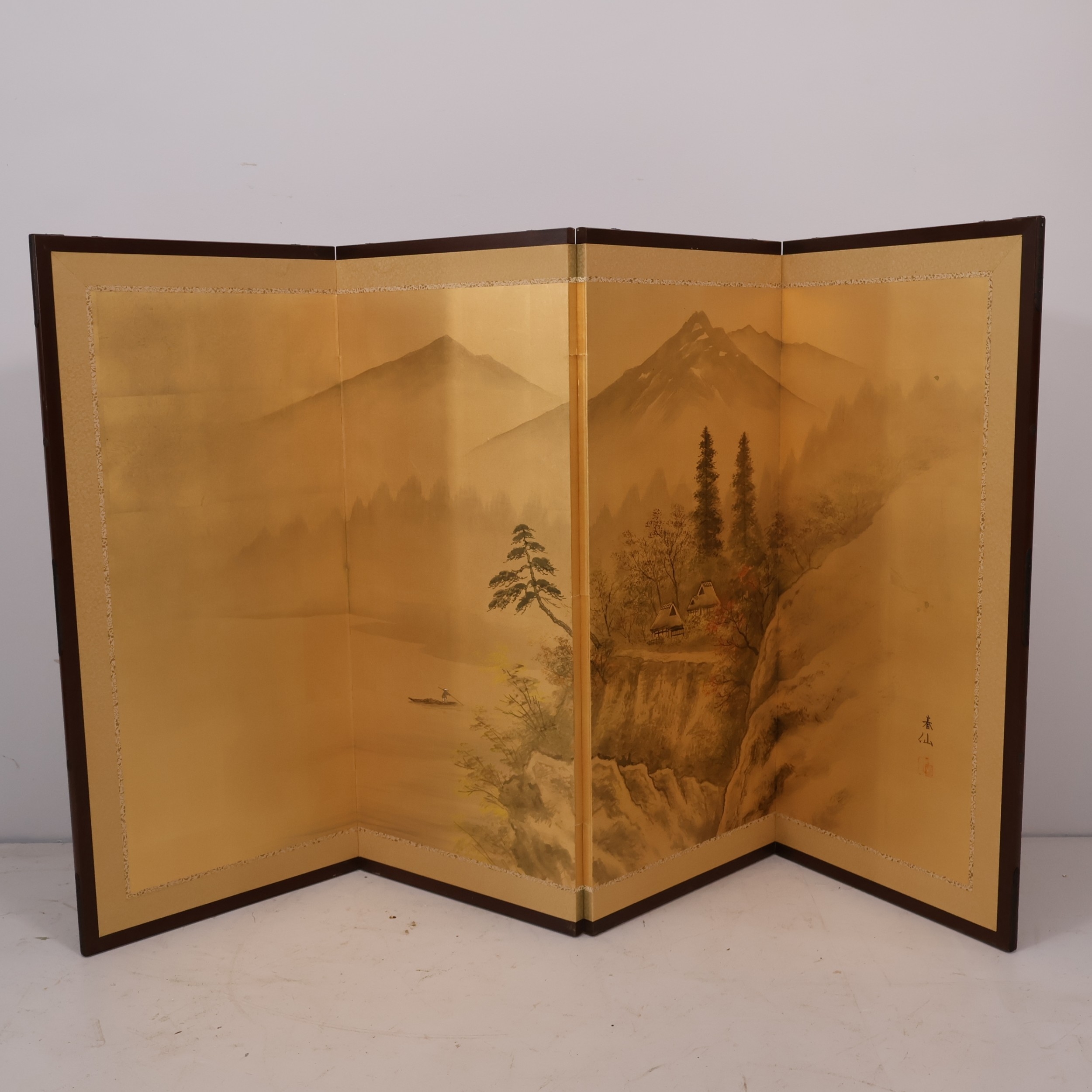 A Japanese four-fold room divider screen, one side decorated with a ...