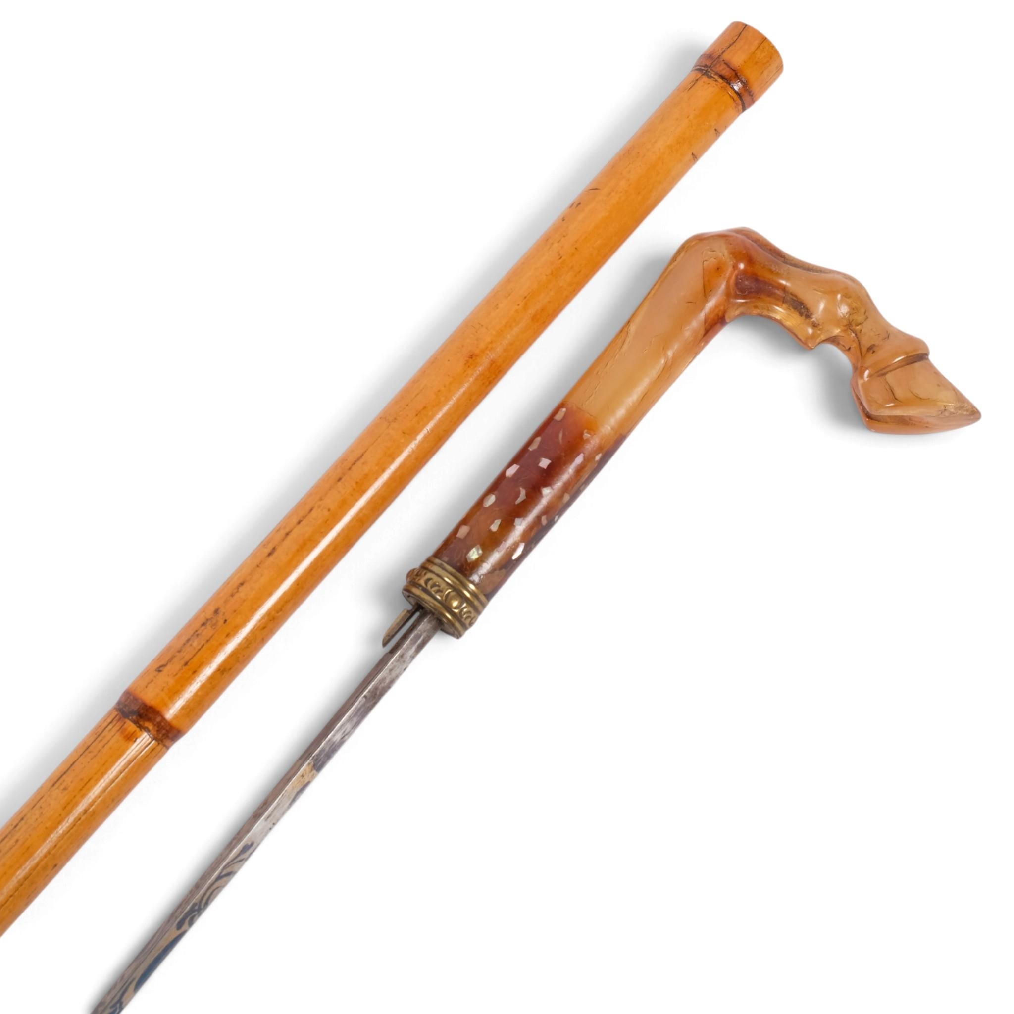 A 19th century swordstick, carved horn horse hoof design handle with ...
