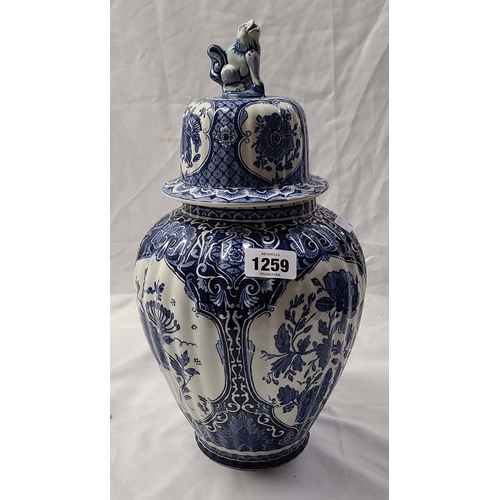 1259 - A large Royal Sphinx Maastricht Dutch Delft pottery lidded vase with blue transfer printed floral an... 