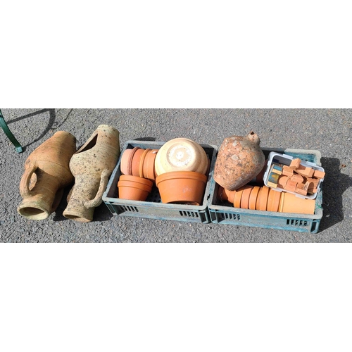 15 - Two crates containing a quantity of assorted terracotta plant pots - sold with a quantity of plant p... 