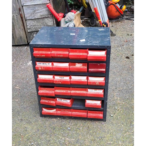 35 - A tabletop metal and plastic multi drawer garage storage unit - one drawer missing and one wooden re... 