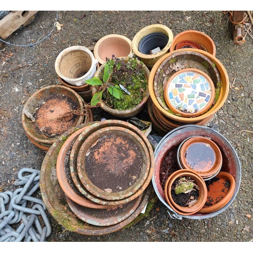 53 - A quantity of assorted terracotta pot saucers, small garden pots and a galvanised metal bucket