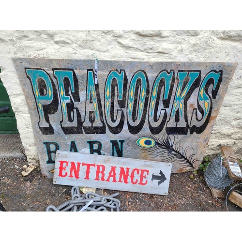 54 - A hand painted galvanised metal sign 'Peacock Barn' - sold with a painted wood 'Entrance' sign