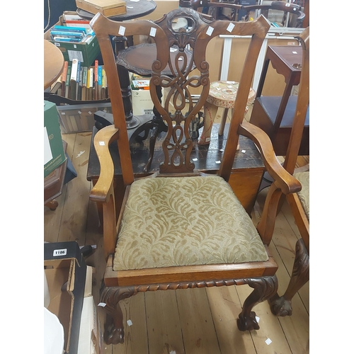 393 - A set of four 19th Century mahogany framed Chippendale style pierced ribbon-back dining chairs with ... 
