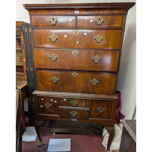 311 - A 98cm 19th Century walnut and strung two-part chest-on-stand with moulded cornice, two short and th... 