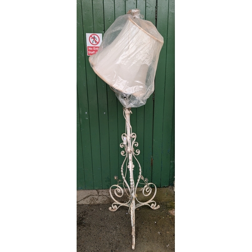 320 - An old white painted wrought iron oil lamp standard with scrolled decoration - converted to electric... 