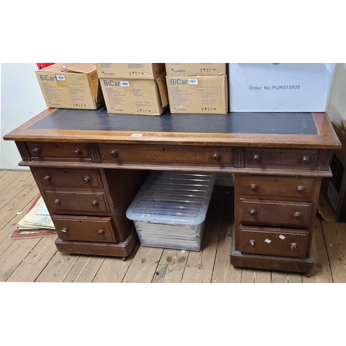 380 - A 1.3m 19th Century mahogany twin pedestal desk with three frieze drawers and six flanking pedestal ... 