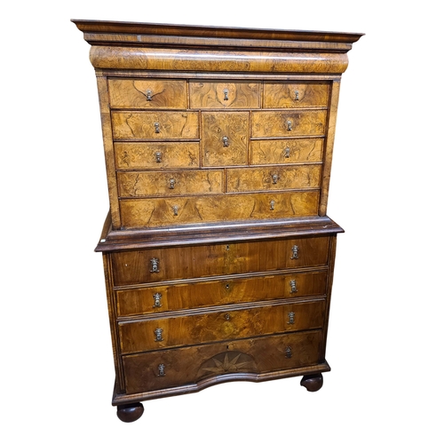 309 - A 1.07m 18th Century and later burr walnut and herringbone crossbanded two-part secretaire chest-on-... 