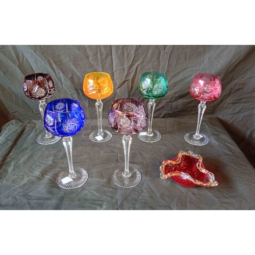 A set of six Bohemian glass hocks with cased and cut 'harlequin' bowls ...