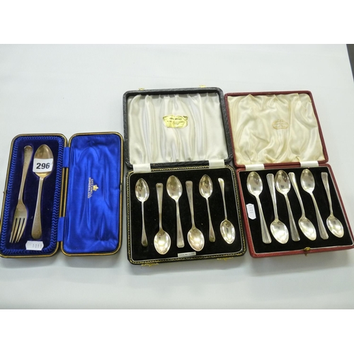 296 - Cased Greenwell of Sunderland Cased Silver Spoon and Fork & 2 Cased Sets of Silver Teaspoons