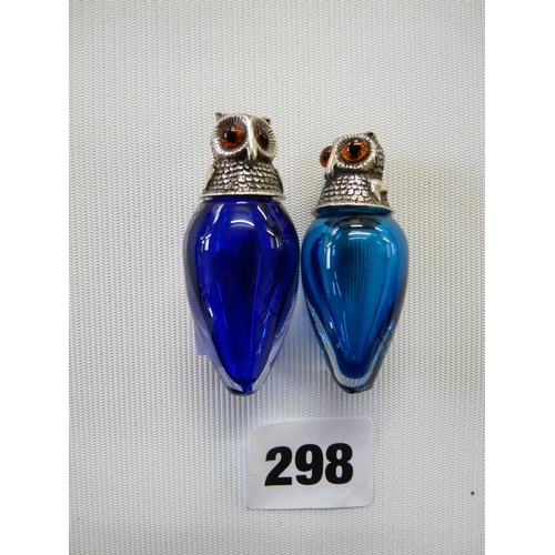 298 - Pair of Sampson Mordan Style White metal Owl topped scent bottles of Blue & Aqua Glass