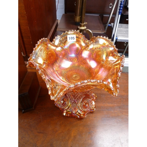 105 - Interesting Carnival Glass Imperial centrepiece with impressed decoration. 24cm in Height.