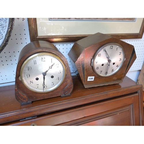 106 - 2 Art Deco Oak cased chiming mantel clocks